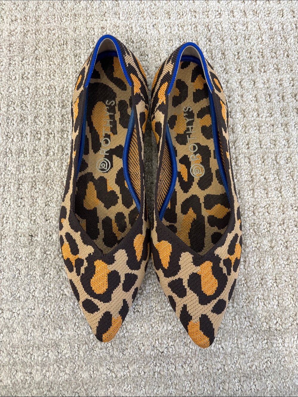 Rothy's Leopard Knit Pointed Flats with Blue Trim